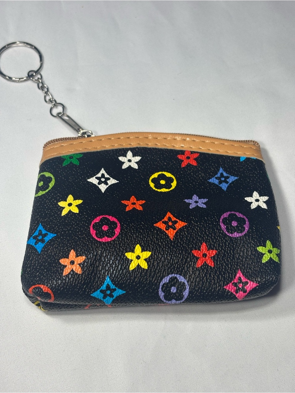 New Black Multicolor Monogram Mini Coin Pouch Keychain